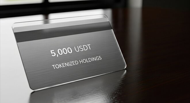 5,000 USDT tokenized holdings on a sleek card resting on a polished dark wood surface, symbolizing modern digital finance and investment.