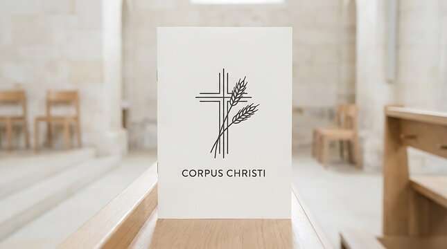 Clean church layout, centered phrase "Corpus Christi," minimalist style, with a cross and wheat icon