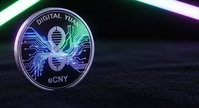 Digital Yuan eCNY coin with circuit patterns and neon lights, symbolizing central bank digital currency and financial technology innovation.