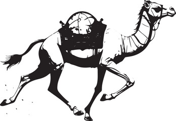 Black and white camel illustration, running camel vector, desert animal graphics, safari icon © Mizan