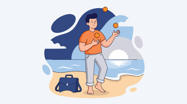 A digital nomad relaxing on a beach with a bag and phone, enjoying a casual evening by the ocean with warm tones.