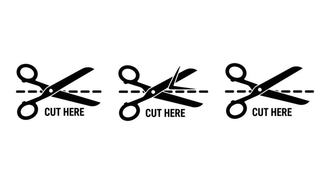 Scissors cutting icons with dotted lines and cut here text scissors stationery