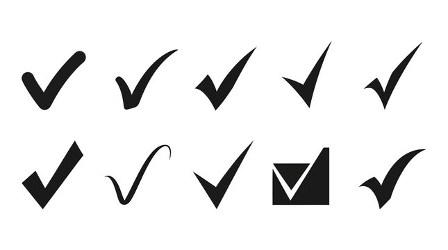 Hand drawn style black checkmark and tick icon collection with checkmark