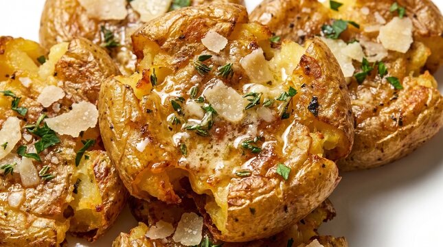 Crispy smashed potatoes with glossy garlic butter and parmesan in dramatic macro detail. Isolated on White background