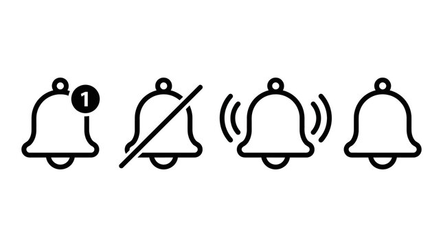 Notification bell icons set for mobile app and web interface alerts