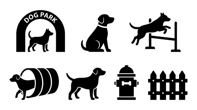 Collection of dog park icons including archway jumping dog fire hydrant