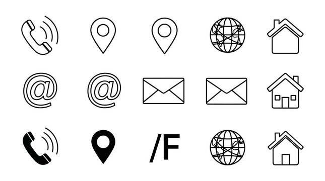 Contact information icons: phone location email globe house with location