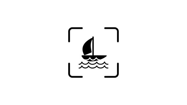 Animated icon of sailing boat inside scanning frame with green laser light effect for digital interface.