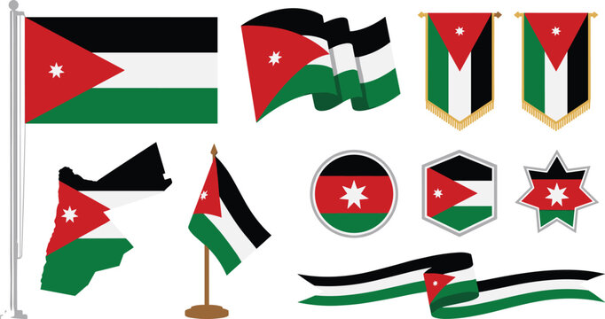 Official Jordan National Flag and Map Graphic Set with Coat of Arms Waving Republic Ribbon Shield Emblem and Location Pins Vector Illustration