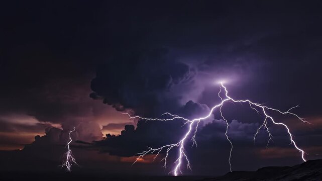 Dramatic lightning strikes illuminate stormy skies over rugged terrain