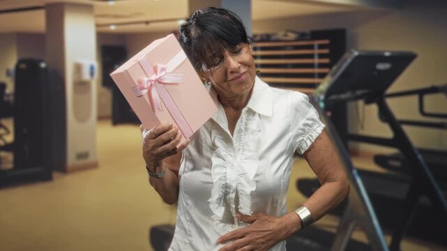 Woman holding pink gift box to ear while clutching stomach beside a treadmill in an indoor gym, wearing white blouse and silver bracelet; nostalgia.