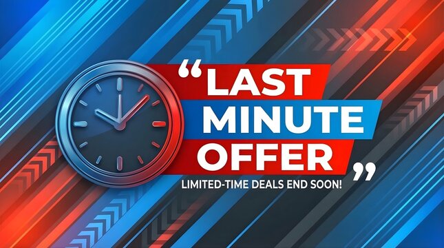 Last minute offer countdown banner with analog clock and blue and red dynamic stripes for urgent sales and limited time deals promotion for marketing and ecommerce retail advertising event graphics