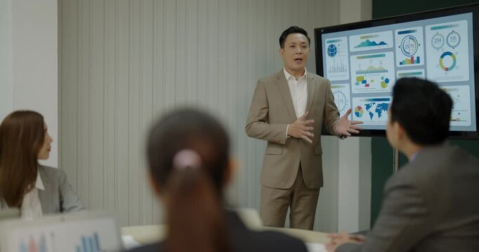 Business concept of 4k Resolution. Asian business man making a presentation in a conference room.
