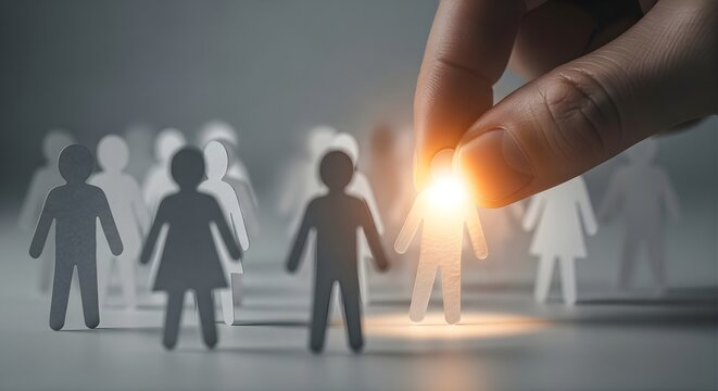 Human resources recruitment concept with hand picking bright glowing paper figure from group of gray silhouettes representing talent acquisition leadership and unique candidate selection process