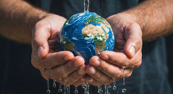 Cupped hands gently hold tiny planet earth, with water pouring over it, signifying conservation, environmental protection, global responsibility