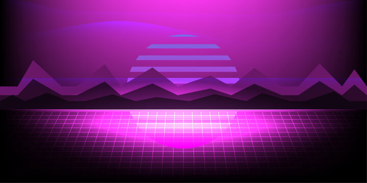 Retro synthwave landscape with a glowing sun and digital grid floor in purple neon colors
