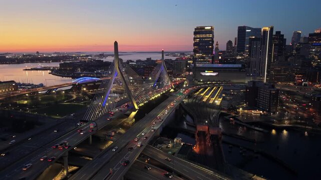 Morning rush hour traffic entering downtown Boston by drone