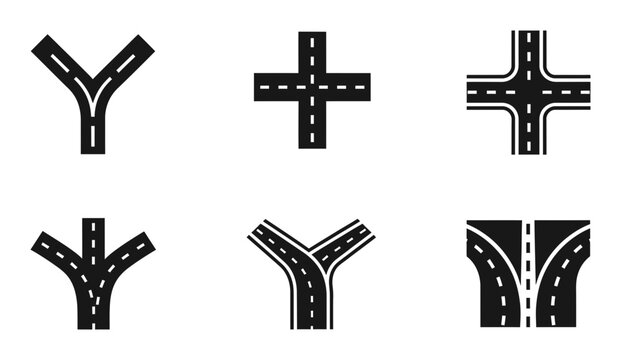 Road intersection vector icon set, diverse street junction symbols, simple black and white traffic route elements for navigation and mapping designs, transportation infrastructure graphics.