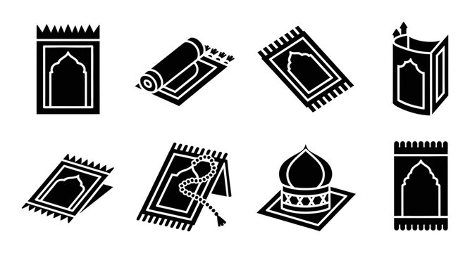 Islamic prayer mat vector icon set, black and white silhouette illustrations, Muslim religious rug collection, spiritual worship accessories for Ramadan and Eid