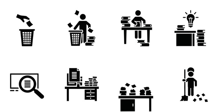 Office Organization and Cleaning Icons, black vector pictogram set for workspace management, productivity, and decluttering, essential business graphics for tidy work environments
