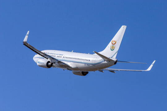 Luqa, Malta - July 5, 2005: South African Air Force Boeing 737-7ED BBJ (REG: ZS-RSA) taking off runway 32.