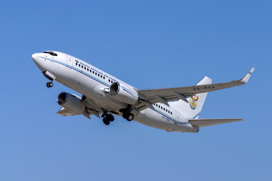 Luqa, Malta - July 5, 2005: South African Air Force Boeing 737-7ED BBJ (REG: ZS-RSA) taking off runway 32.