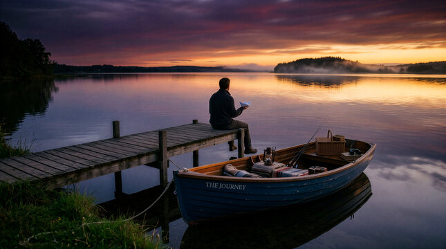 A man sitting in a small rowing boat on a calm lake during sunset. Concept of solitude, self-reflection and a peaceful life journey.