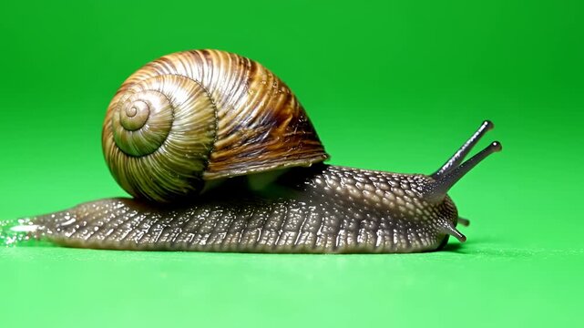 Close up of a garden snail moving slowly on a green background.