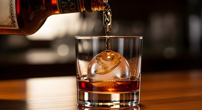A bottle of aged dark rum being poured over a large ice sphere in a lowball glass.