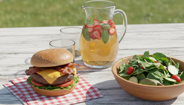 A close-up of a gourmet burger and a pitcher of strawberry lemonade, symbolizing outdoor dining, summer refreshment, and a delicious meal, perfect for lifestyle or food concepts