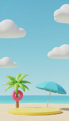 Obraz premium Stylized 3D render of a beach scene with a palm tree, inflatable ring, and umbrella on a sand podium, representing summer vacation and relaxation.