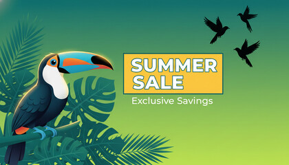 Fototapeta premium Vibrant toucan perched on a tropical leaf, with stylized birds flying and a 