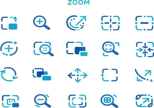collection of zoom and search icons blue neon style on transparent background