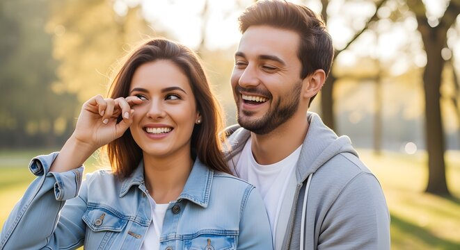 A couple laughing after a silly fight, one pretending to wipe away tears of laughter.