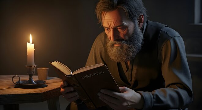A person sitting on a low stool, reading the Book of Lamentations by candlelight, solemn reflection.