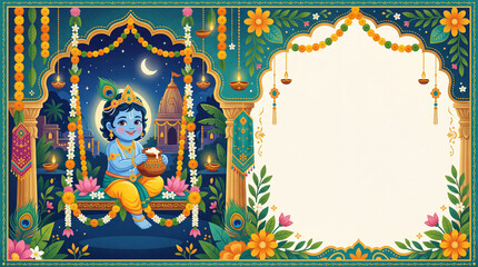 Obraz premium Krishna Sits on a Swing With a Pot in a Decorated Setting During Nighttime Celebrations