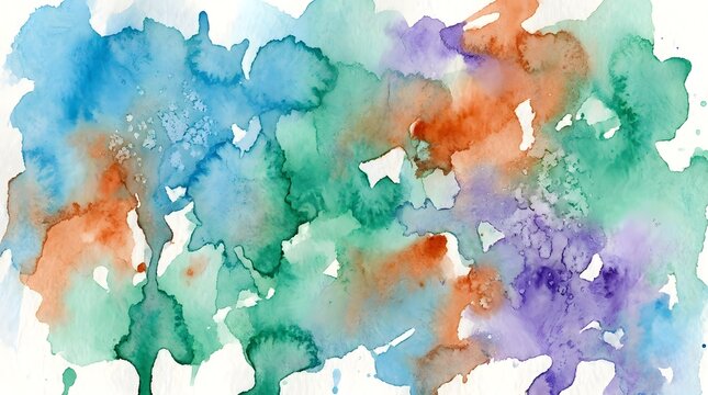 Abstract watercolor painting with vibrant splashes of blue green orange purple and red on white background