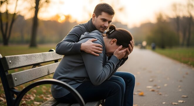 Two people sitting quietly together on a bench, one comforting the other who is grieving.