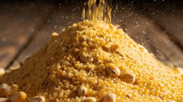 Closeup shot of cornmeal being poured onto a wooden surface.