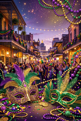 Obraz premium Festive Gathering in New Orleans With Masks and Celebration During a Vibrant Street Event