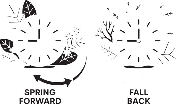 Daylight saving time clock change illustration with spring forward and fall back concept