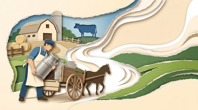 Milkman delivering fresh milk in horse-drawn cart on farm landscape  