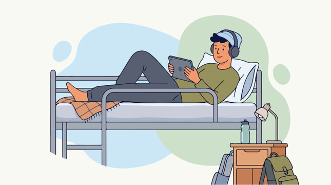 A digital nomad relaxing in a hostel bed with a laptop and headphones