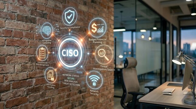 Chief information security officer CISO role and responsibilities with icons representing AI cognitive computing security compliance risk management threat detection network