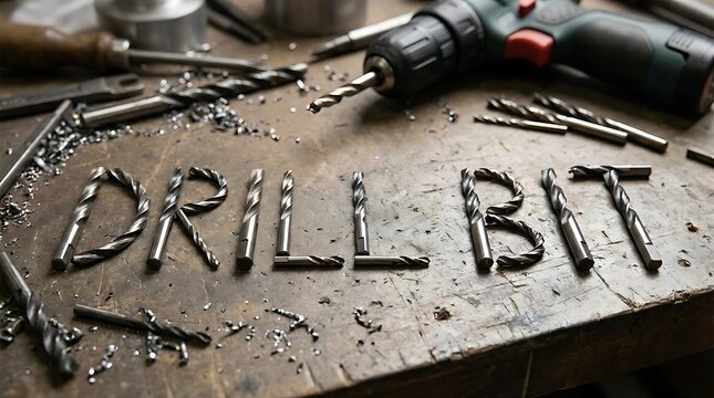 Drill bits spelling drill bit on rustic workshop bench with power drill.