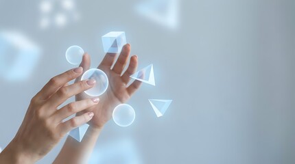 Obraz premium Hand touching holographic geometric shapes floating in air with glowing light effects on soft gray background for technology and innovation concepts.
