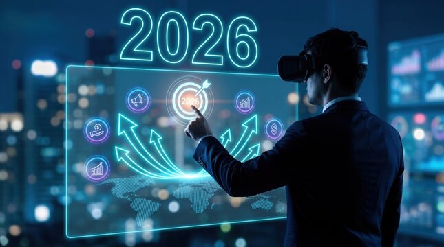 Road to successful 2026 concept, Business target growth and development plan, Profit of growth, Businessman pointing at upward arrow and target, Analyzes trend of marketing,Business strategy and goal 