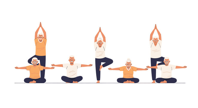 People practicing yoga in various poses together in a row