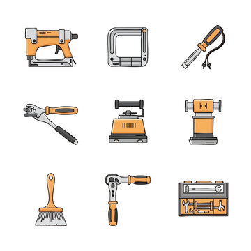 Collection of various hand tools and hardware equipment for construction and repair work, presented in a clean graphic style