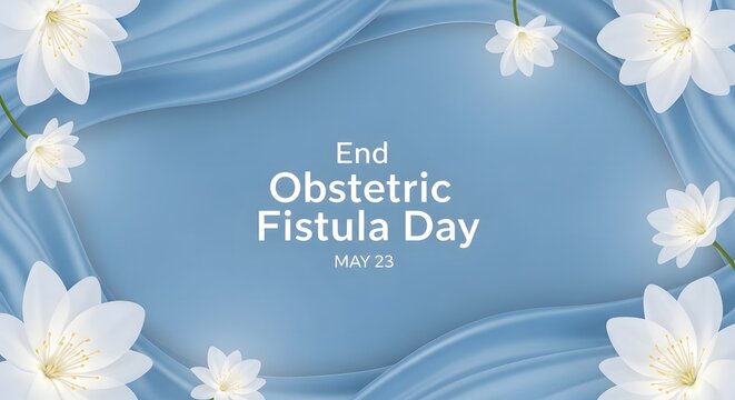 Obstetric fistula day awareness campaign with white flowers and blue silk